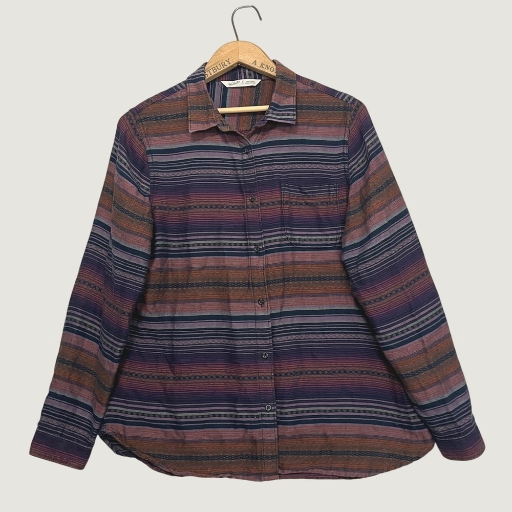 Woolrich Womens Large Flannel Shirt Striped Southwestern Cotton Button Down 2547